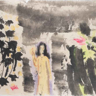 Ly Truc Son (Vietnam, 1949-): 'Femme au chandelier', aquarelle sur papier, ca. 1989