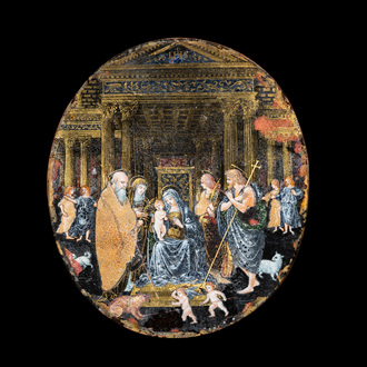 Italian school: 'Adoration of the Shepherds', oval miniature reverse glass painting, 16th C.