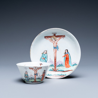 A Chinese Dutch-decorated ‘Crucifixion’ cup and saucer, Qianlong