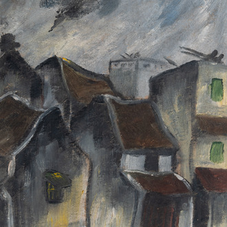 Bui Xuan Phai (Vietnam, 1920-1988): 'War planes above old Hanoi houses', oil on paper, ca. 1972