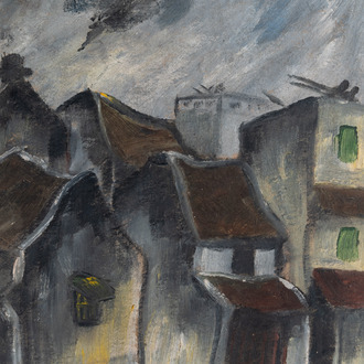 Bui Xuan Phai (Vietnam, 1920-1988): 'Oorlogsvliegtuigen boven huizen in Hanoi', olie op papier, ca. 1972