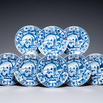 Eight Chinese blue and white plates with boys and ladies, 19th C.