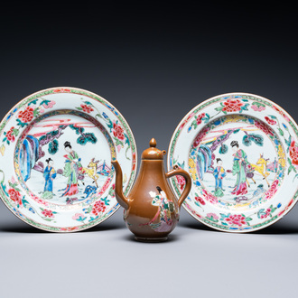 A pair of Chinese famille rose plates and a brown-ground jug and cover, Yongzheng