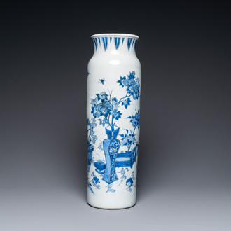 A Chinese blue and white rouleau 'antiquities' vase, Transitional period