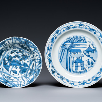 A Chinese blue and white 'cranes' plate and a kraak porcelain 'qilin' bowl, Wanli