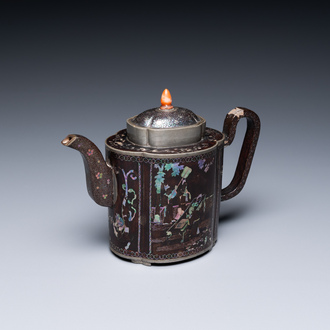 A Chinese 'laque burgauté'-lacquered and mother-of-pearl-inlaid pewter teapot and cover, Kangxi
