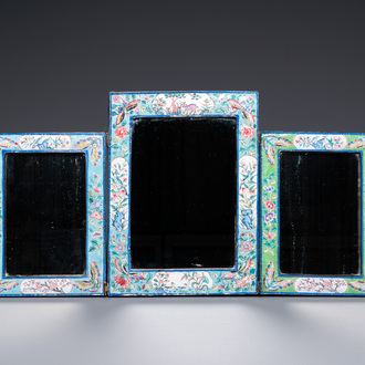 A Chinese Canton enamel three-screen folding mirror, Qianlong/Jiaqing