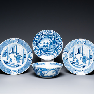 Trois plats et un bol en porcelaine de Chine en bleu et blanc, 19ème