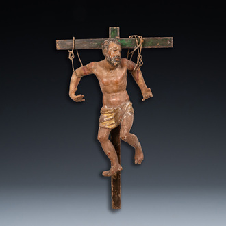 A polychromed wooden figure of the crucified Saint Dismas or 'The penitent thief', Spain, 16th C.