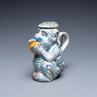A polychrome Dutch Delft monkey-shaped ewer and cover, 18th C.