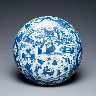 A Chinese blue and white '100 boys' cover for a round box, Wanli