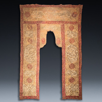 An Ottoman metal-thread-embroidered velvet mosque portière, 19th C.