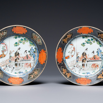 A pair of Chinese famille rose plates with ladies playing music, Yongzheng