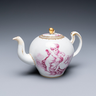 A Tournai porcelain teapot and cover with purple and gilt design of putti, gilt swords and crosses mark, ca. 1765