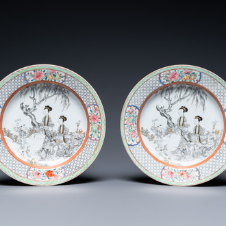 A pair of Chinese famille rose eggshell plates with fine grisaille and gilt designs, Yongzheng mark and of the period