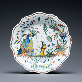 A fine polychrome French faience 'chinoiserie' dish with lobed border, Rouen, 1st half 18th C.