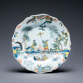 A fine polychrome French faience 'chinoiserie' dish with lobed border, Rouen, 1st half 18th C.