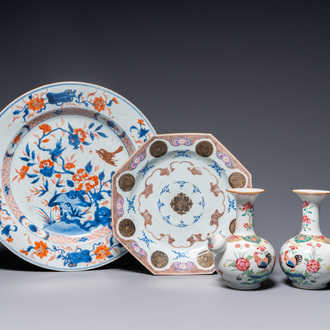 A pair of Chinese famille rose 'rooster' kendi, a Chinese Imari-style dish and an octagonal famille rose dish, Kangxi/Qianlong