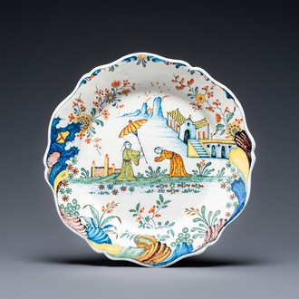 A fine polychrome French faience 'chinoiserie' dish with lobed border, Rouen, 1st half 18th C.