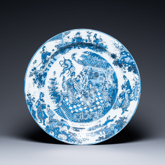 A finely painted and thin-walled large Dutch Delft blue and white chinoiserie dish, late 17th C.