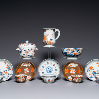 A Chinese Imari-style porringer, a mug, a bowl and five cups and saucers, Kangxi/Qianlong