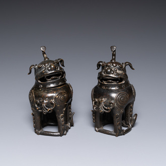 A pair of Chinese gilt-lacquered bronze 'luduan' censers, Ming
