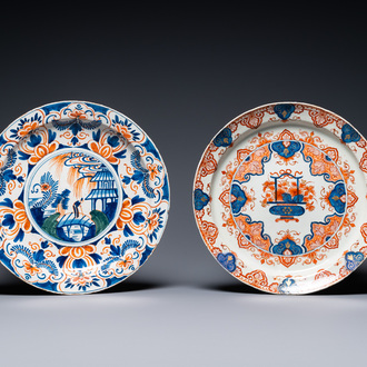 Two polychrome Dutch Delft dishes in cashmere palette and Imari-style, 18th C.