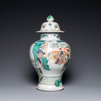 A Chinese famille verte 'Xi Xiang Ji' vase and cover, Kangxi