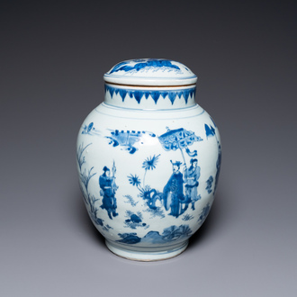 A Chinese blue and white covered jar with a narrative scene, Transitional period