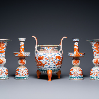 A Chinese iron-red-decorated five-piece altar garniture with dragons, 19th C.