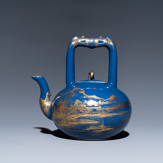 A Chinese gilt-decorated blue-ground teapot and cover, Qianlong mark and probably of the period