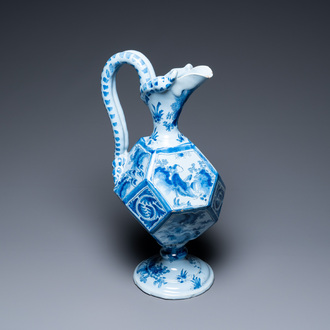 A rare large blue and white French faience facetted chinoiserie ewer, Nevers, late 17th C.