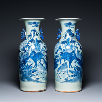 A pair of Chinese blue and white celadon-ground vases with rams, 19th C.