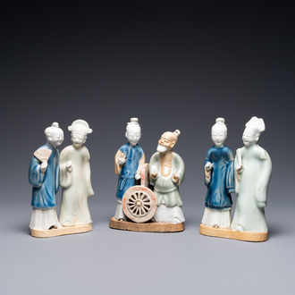 Three Chinese blue and white and celadon-glazed groups, Qianlong