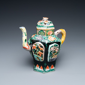 A Chinese verte biscuit reticulated teapot and cover, Kangxi