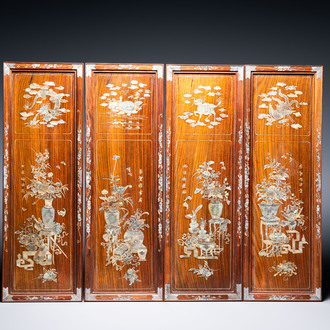 Four Chinese or Vietnamese mother-of-pearl-inlaid wooden panels, 19/20th C.