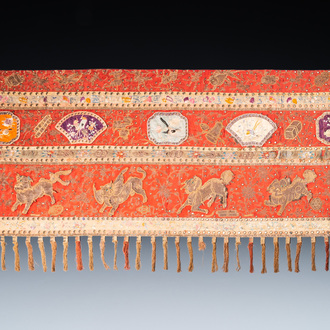 A large Chinese rectangular embroidered silk 'mythical animals' cloth, 19th C.