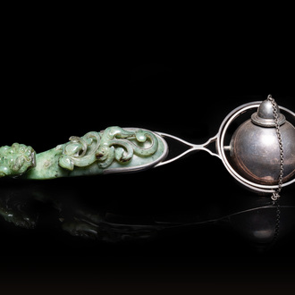 A Chinese jade belt buckle mounted as a table lighter in silver by Gump & Co, Qing and 20th C.