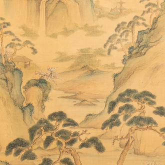 Xiao Ya: ‘Mountainous landscape with pine trees’, ink and colour on silk, 19/20th C.