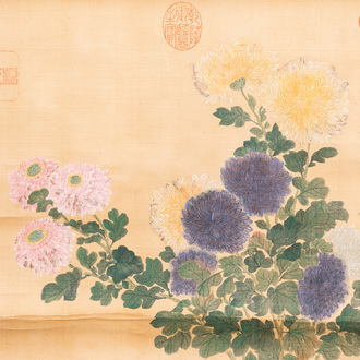 Ecole chinoise, d'après et avec la signature de Jiang Tingxi (1669 - 1732): 'Composition florale', encre et couleurs sur soie