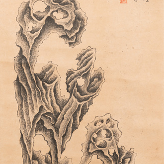 Chinese school, after Mi Wanzhong: 'Scholar's rock', ink and colour on paper, 19/20th C.