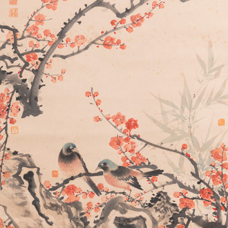 Wu Hufan (1894-1968): ‘Birds among blossoming branches’, ink and colour on paper, dated June 1937