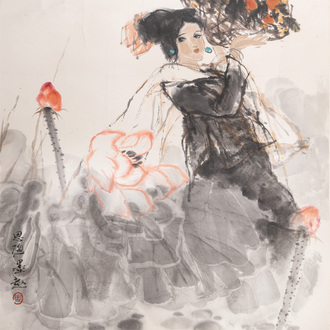 Zhou Sicong (1939-1996): ‘Dame bij een lotus’, inkt en kleur op papier
