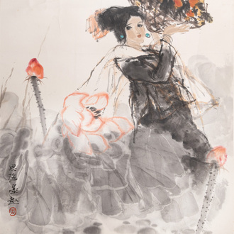 Zhou Sicong (1939-1996): ‘Dame au fleur de lotus’, encre et couleurs sur papier