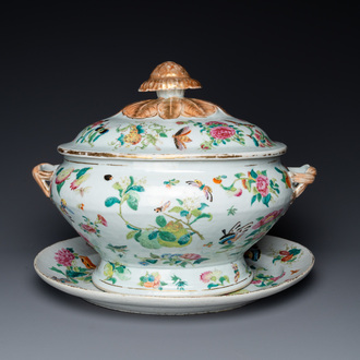 A Chinese Canton famille rose 'butterflies' tureen and cover on stand, 19th C.