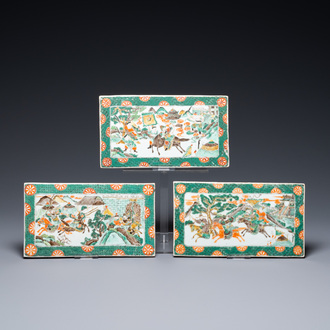 Three rectangular Chinese famille verte plaques, 19th C.