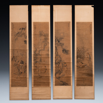 Luo Qing (1821-1899): vier scrolls met figuren in landschappen, inkt en kleur op papier