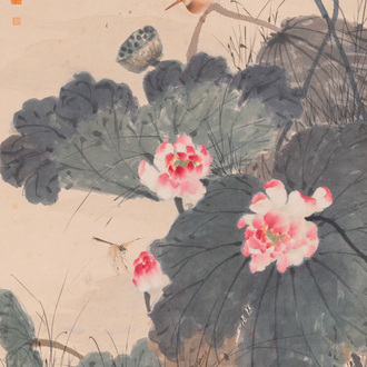 Tian Shiguang (1916-1999) and Yu Fei'an (1889-1959): 'Kingfisher on lotus flowers’, ink and colour on paper, dated 1946