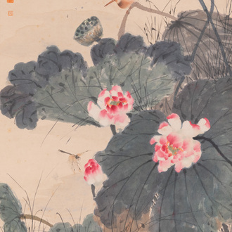 Tian Shiguang (1916-1999) en Yu Fei'an (1889-1959): 'Ijsvogel bij lotusbloemen', inkt en kleur op papier, gedat. 1946