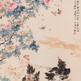 Wang Xuetao (1903-1982): 'Roosters near a peony shrub', ink and colour on paper